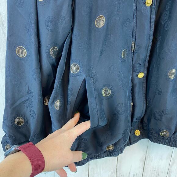 VTG Mureli Women's Black Gold Printed Silk Bomber Windbreaker Jacket Size Large - Picture 4 of 12